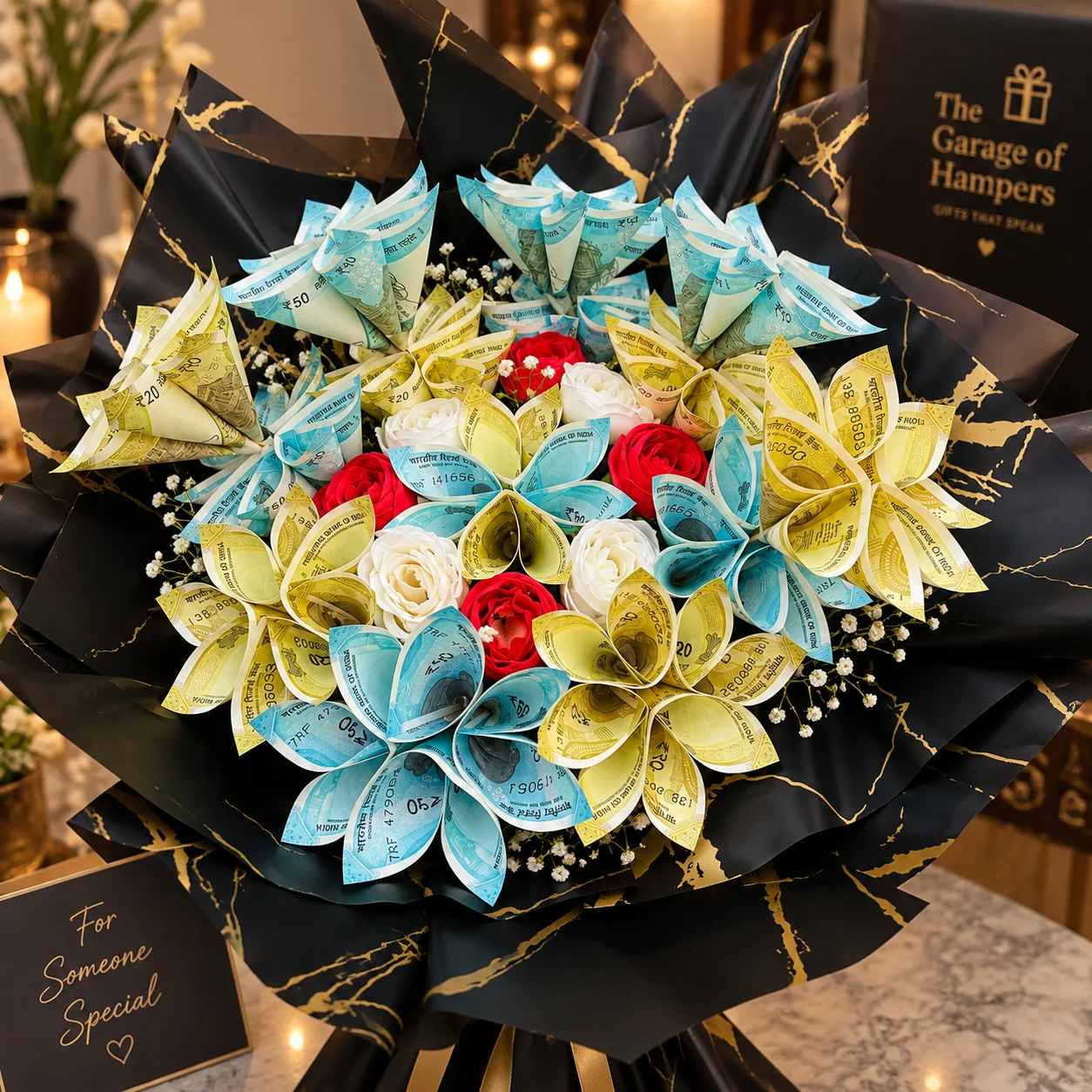 Royal Black & Gold Money Flower Bouquet - view 1